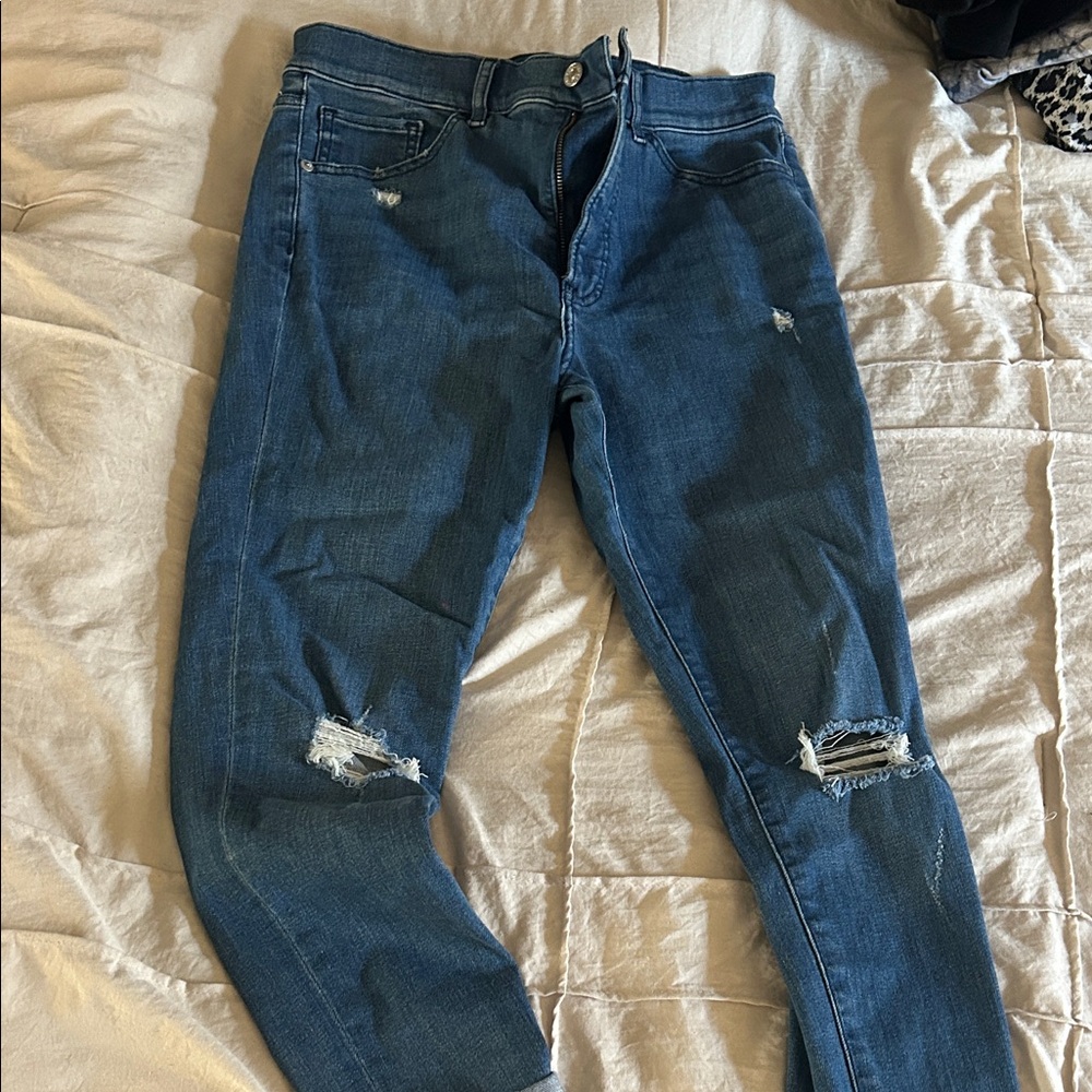 Express Women's Blue Distressed Skinny Jeans
